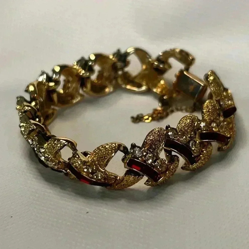 Rare Vintage Coro Adolph Katz Link ruby rhinestone brushed gold Bracelet